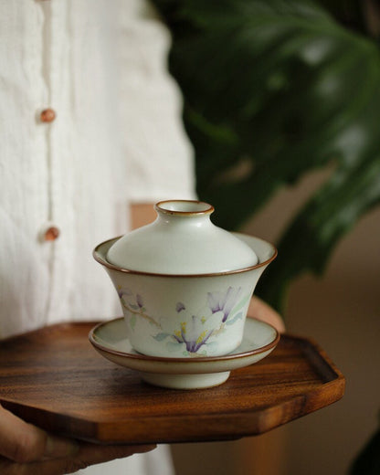 Gohobi Handmade floral gaiwan Tea cup Set, Hand painted, vintage, high quality, Rustic, Japanese Tea, Green Tea, Gongfu tea, Magnolia