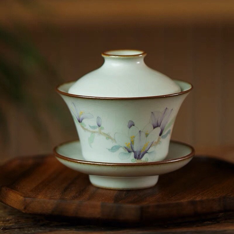 Gohobi Handmade floral gaiwan Tea cup Set, Hand painted, vintage, high quality, Rustic, Japanese Tea, Green Tea, Gongfu tea, Magnolia