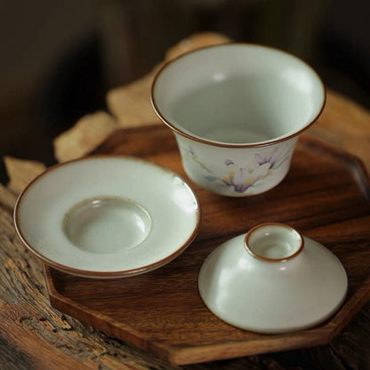 Gohobi Handmade floral gaiwan Tea cup Set, Hand painted, vintage, high quality, Rustic, Japanese Tea, Green Tea, Gongfu tea, Magnolia