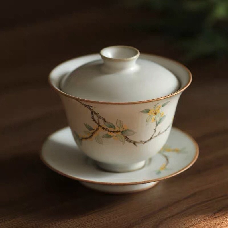 Gohobi Handmade floral gaiwan Tea cup Set, Hand painted, vintage, high quality, Rustic, Japanese Tea, Green Tea, Gongfu tea, Osmanthus