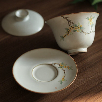 Gohobi Handmade floral gaiwan Tea cup Set, Hand painted, vintage, high quality, Rustic, Japanese Tea, Green Tea, Gongfu tea, Osmanthus