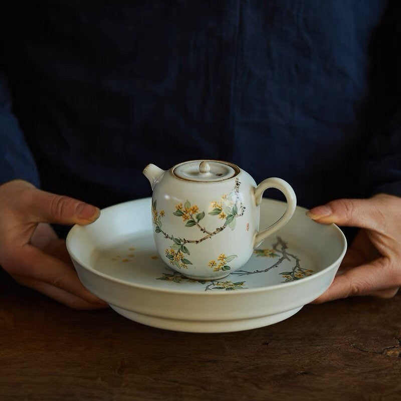 Gohobi Hand painted tea tray ceramic Flowers Osmanthus handmade tea saucer Chinese Gongfu tea tray  Kung fu Japanese Chado tea ceremony