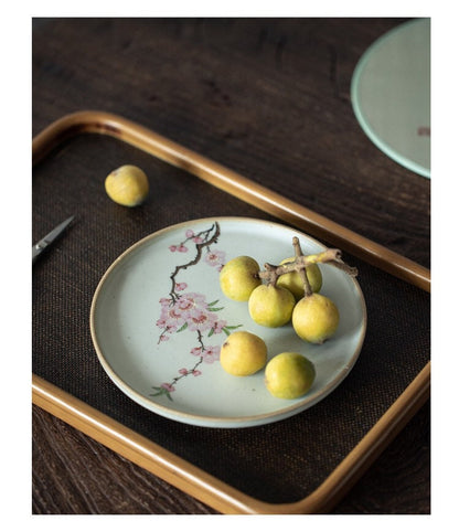 Gohobi Hand painted tea tray ceramic Flowers handmade tea saucer Chinese Gongfu tea tray  Kung fu Japanese Chado peach blossom tea ceremony