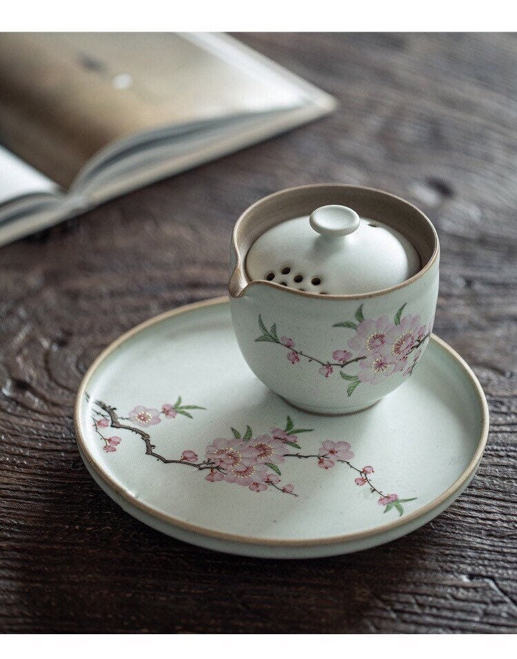 Gohobi Hand painted tea tray ceramic Flowers handmade tea saucer Chinese Gongfu tea tray  Kung fu Japanese Chado peach blossom tea ceremony