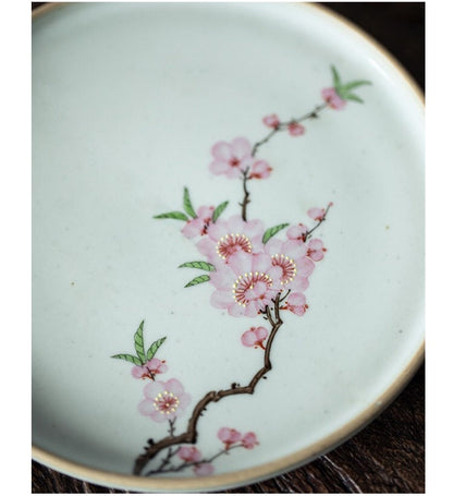 Gohobi Hand painted tea tray ceramic Flowers handmade tea saucer Chinese Gongfu tea tray  Kung fu Japanese Chado peach blossom tea ceremony