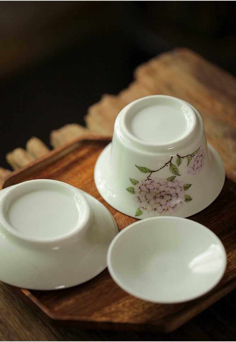 Gohobi Handmade floral gaiwan Tea cup Set, Hand painted, vintage, high quality, Rustic, Japanese Tea, Green Tea, Gongfu tea, Hydrangea