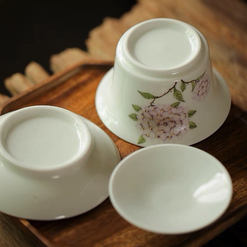 Gohobi Handmade floral gaiwan Tea cup Set, Hand painted, vintage, high quality, Rustic, Japanese Tea, Green Tea, Gongfu tea, Hydrangea