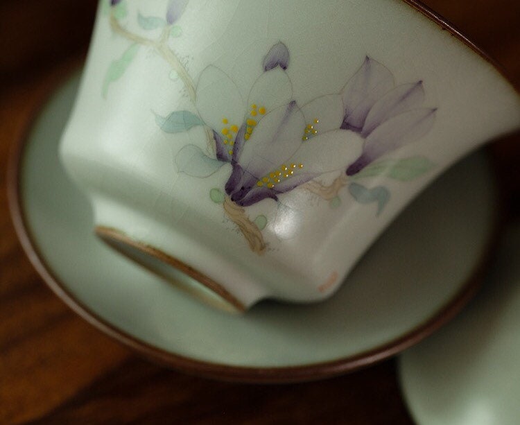 Gohobi Handmade floral gaiwan Tea cup Set, Hand painted, vintage, high quality, Rustic, Japanese Tea, Green Tea, Gongfu tea, Magnolia