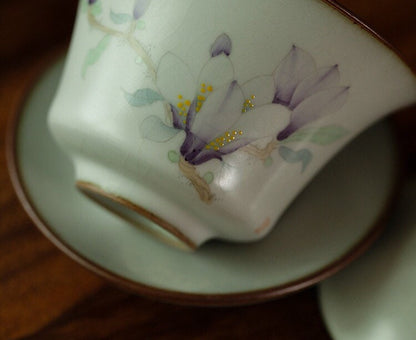 Gohobi Handmade floral gaiwan Tea cup Set, Hand painted, vintage, high quality, Rustic, Japanese Tea, Green Tea, Gongfu tea, Magnolia