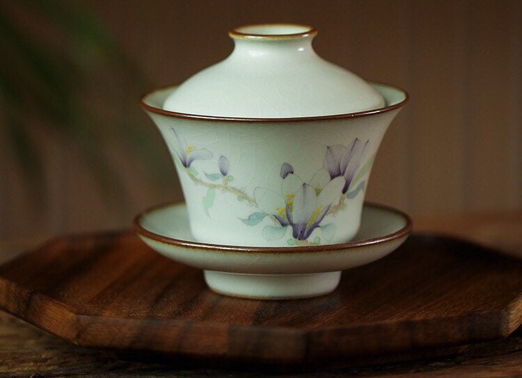 Gohobi Handmade floral gaiwan Tea cup Set, Hand painted, vintage, high quality, Rustic, Japanese Tea, Green Tea, Gongfu tea, Magnolia