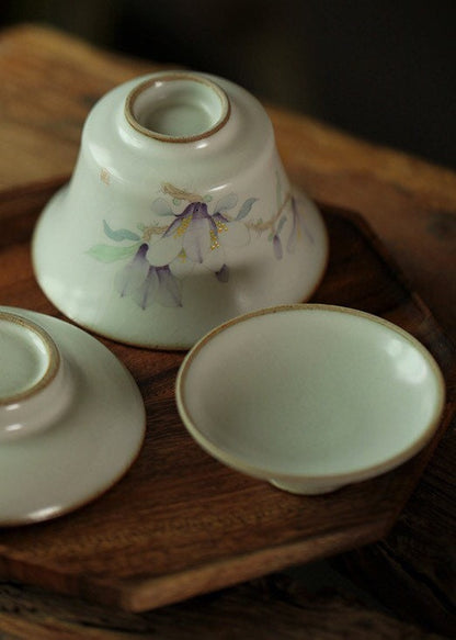 Gohobi Handmade floral gaiwan Tea cup Set, Hand painted, vintage, high quality, Rustic, Japanese Tea, Green Tea, Gongfu tea, Magnolia