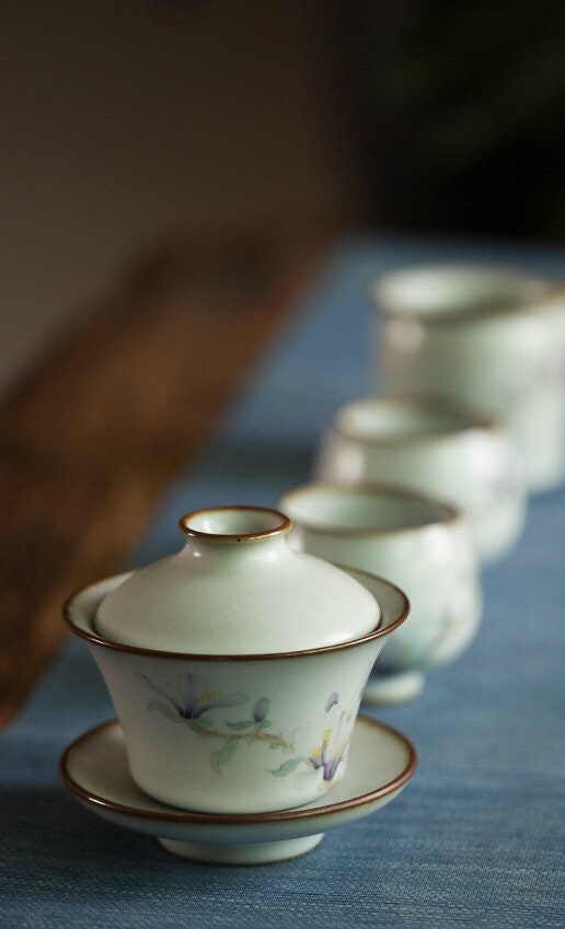 Gohobi Handmade floral gaiwan Tea cup Set, Hand painted, vintage, high quality, Rustic, Japanese Tea, Green Tea, Gongfu tea, Magnolia
