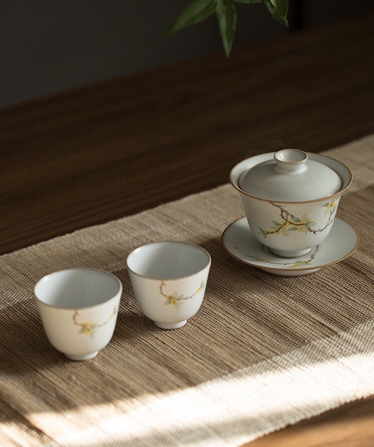 Gohobi Handmade floral gaiwan Tea cup Set, Hand painted, vintage, high quality, Rustic, Japanese Tea, Green Tea, Gongfu tea, Osmanthus