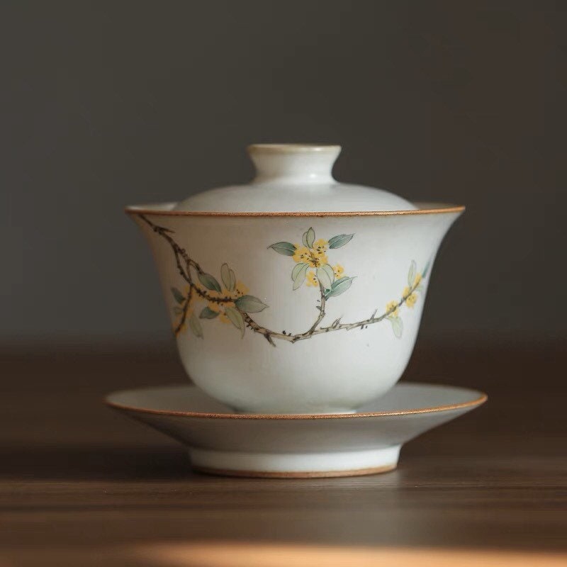 Gohobi Handmade floral gaiwan Tea cup Set, Hand painted, vintage, high quality, Rustic, Japanese Tea, Green Tea, Gongfu tea, Osmanthus