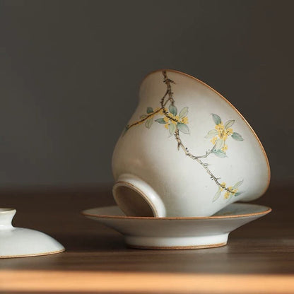 Gohobi Handmade floral gaiwan Tea cup Set, Hand painted, vintage, high quality, Rustic, Japanese Tea, Green Tea, Gongfu tea, Osmanthus
