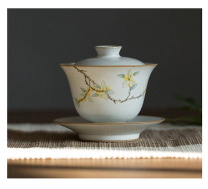 Gohobi Handmade floral gaiwan Tea cup Set, Hand painted, vintage, high quality, Rustic, Japanese Tea, Green Tea, Gongfu tea, Osmanthus
