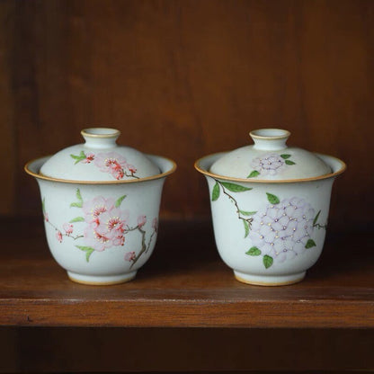Gohobi Handmade floral gaiwan Tea cup Set, Hand painted, vintage, high quality, Rustic, Japanese Tea, Green Tea, Gongfu tea