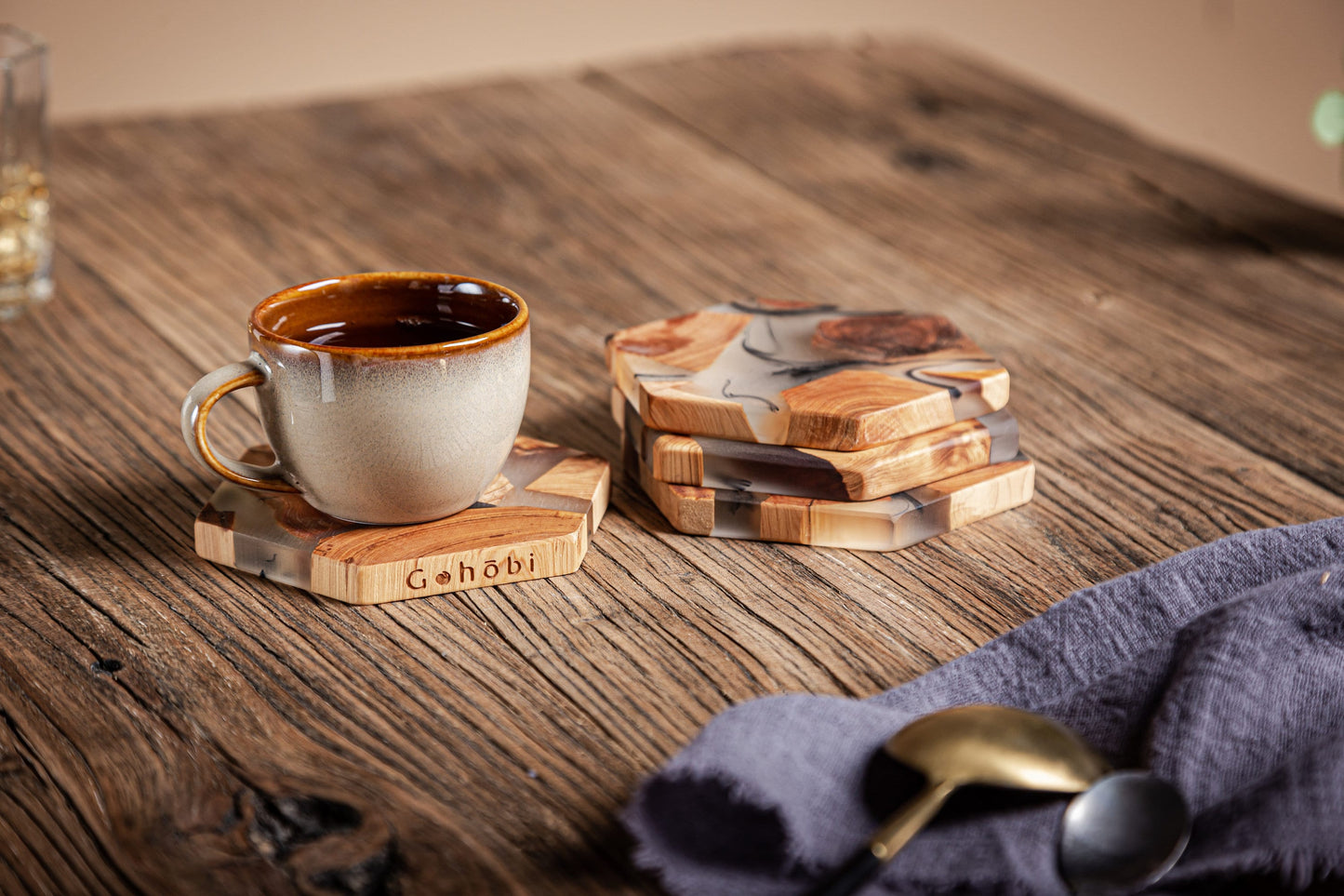 Gohobi Set of Wood Coaster Resin Coasters epoxy tea drink coasters unique handmade coaster placemats Teaware Japanese drinkware