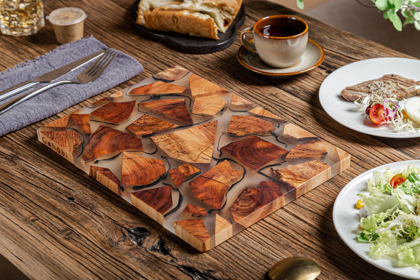 Gohobi Handmade Wood Resin placemats Rectangle 29 x 21.5cm luxury epoxy tea drink placemat unique tableware Japanese wooden drinkware unique