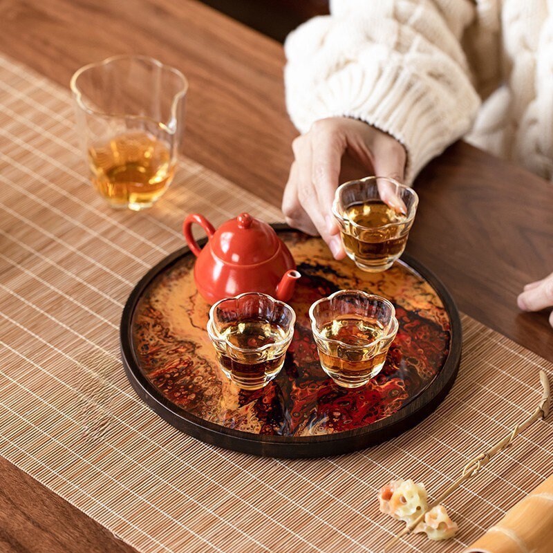 Gohobi Round Bamboo and Resin Tea Trays Serving Trays Gongfu tea trays (4 versions) Japanese Chado hand crafted