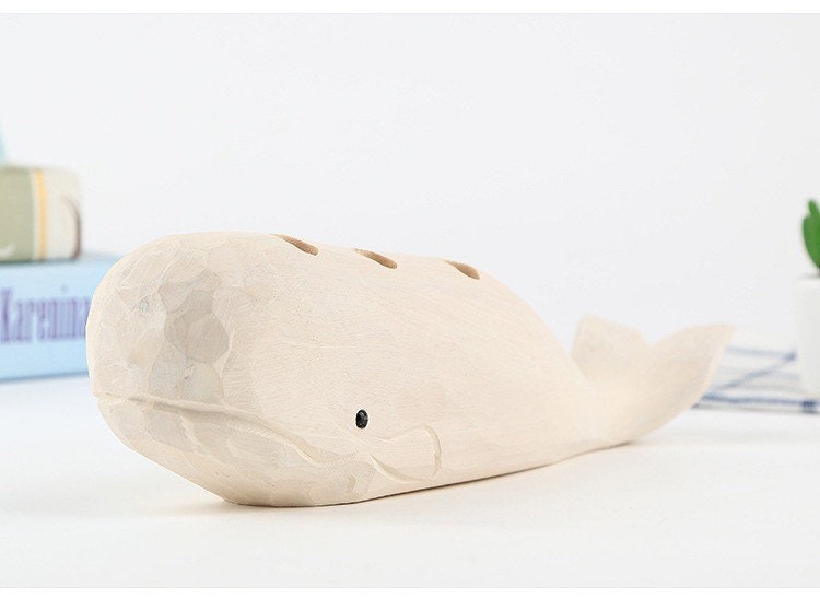 Gohobi Hand crafted wooden white whale  pen holder organiser ornaments unique gift for him for her