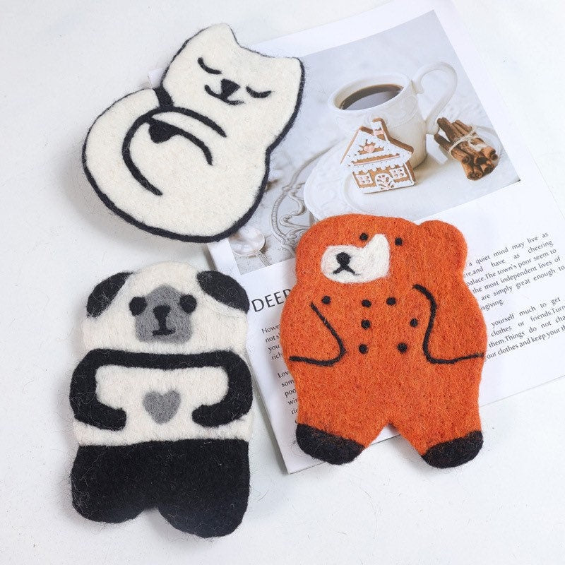 Gohobi Wool coaster, animal coaster, cat lion elephant lion coaster, gift for her, gift for him