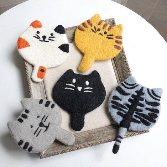 Gohobi Wool coaster, animal coaster, cat coaster, gift for her, gift for him, yellow grey black white cat