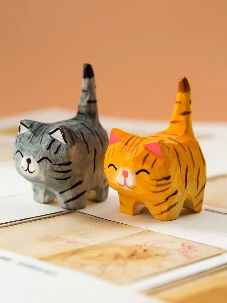 Gohobi Hand crafted yellow and grey wooden cat ornaments unique gift for him for her