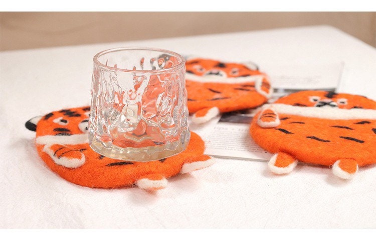 Gohobi Wool coaster, animal coaster, orange tiger coaster, gift for her, gift for him