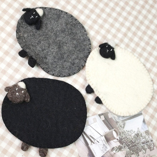 Gohobi Wool coaster, animal coaster, sheep coaster, gift for her, gift for him, yellow grey black white sheep