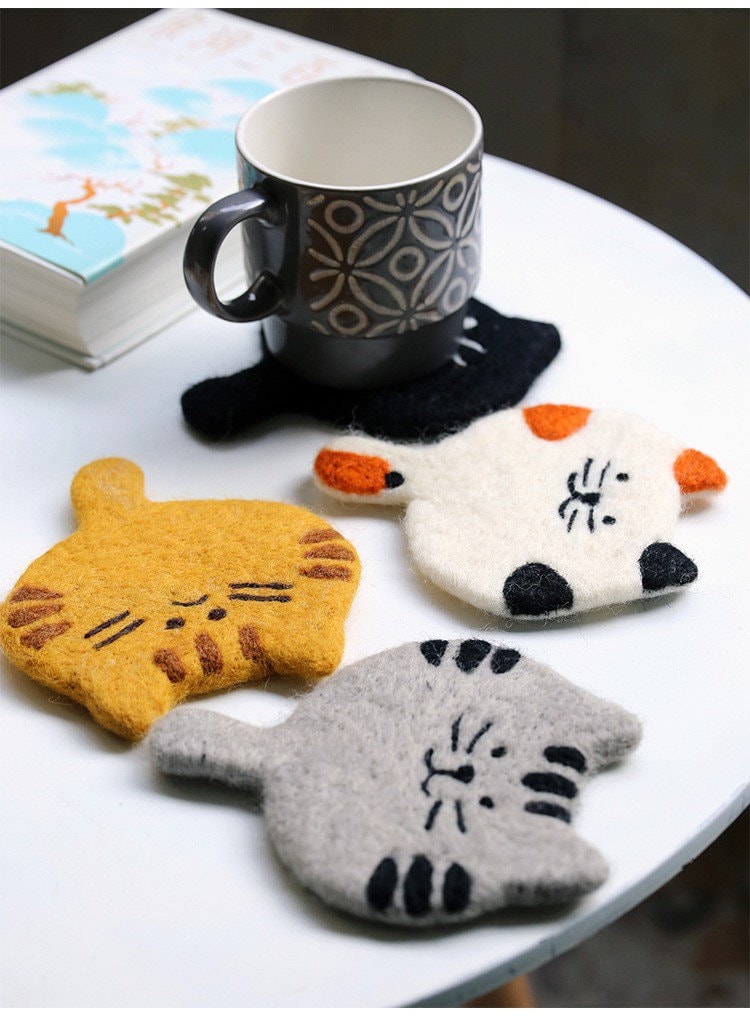 Gohobi Wool coaster, animal coaster, cat coaster, gift for her, gift for him, yellow grey black white cat