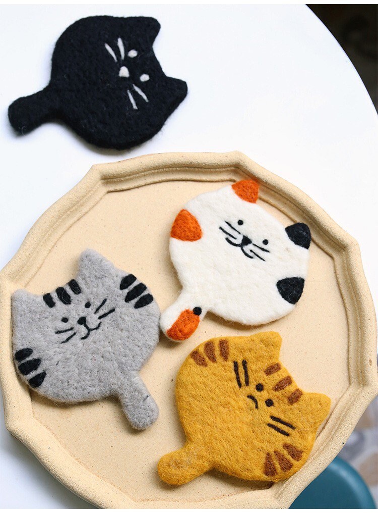 Gohobi Wool coaster, animal coaster, cat coaster, gift for her, gift for him, yellow grey black white cat