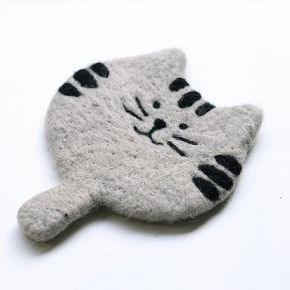 Gohobi Wool coaster, animal coaster, cat coaster, gift for her, gift for him, yellow grey black white cat