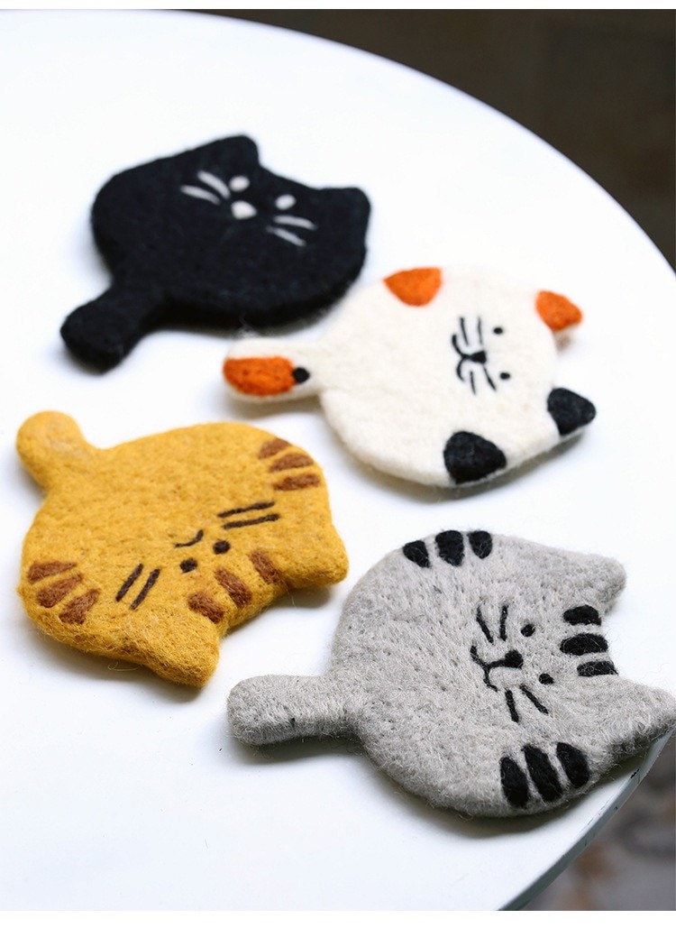 Gohobi Wool coaster, animal coaster, cat coaster, gift for her, gift for him, yellow grey black white cat