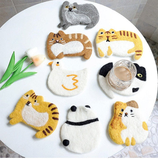Gohobi Wool coaster, animal coaster, cat coaster, gift for her, gift for him, yellow grey black white cat, panda, duck
