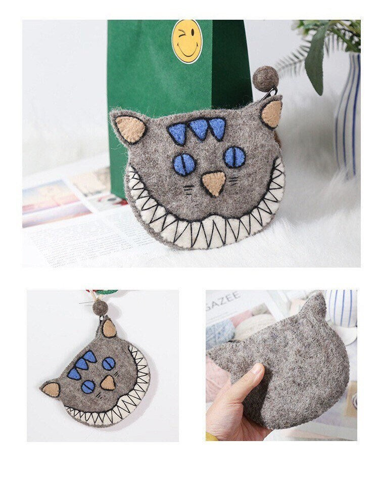 Gohobi Wool purse, Coin purse, Animal purse, pouches, gift for her, gift for him, cat, elephant, fox, dog, panada, monkey