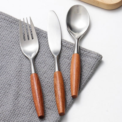 Gohobi a set of 5 luxury high quality stonewashed wooden teak handle cutlery set 100% stainless steel cutlery set