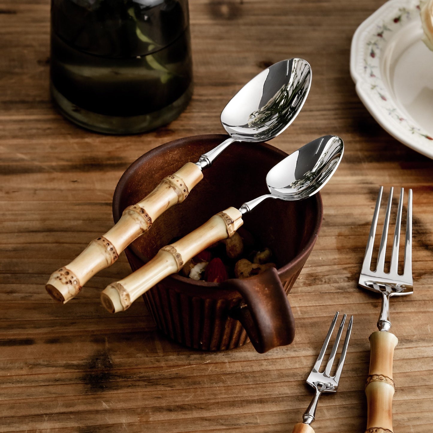 Gohobi a set of 5 bamboo handle cutlery set 100% stainless steel cutlery set