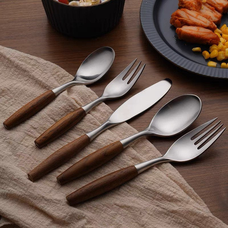 Gohobi a set of 5 luxury high quality stonewashed wooden teak handle cutlery set 100% stainless steel cutlery set